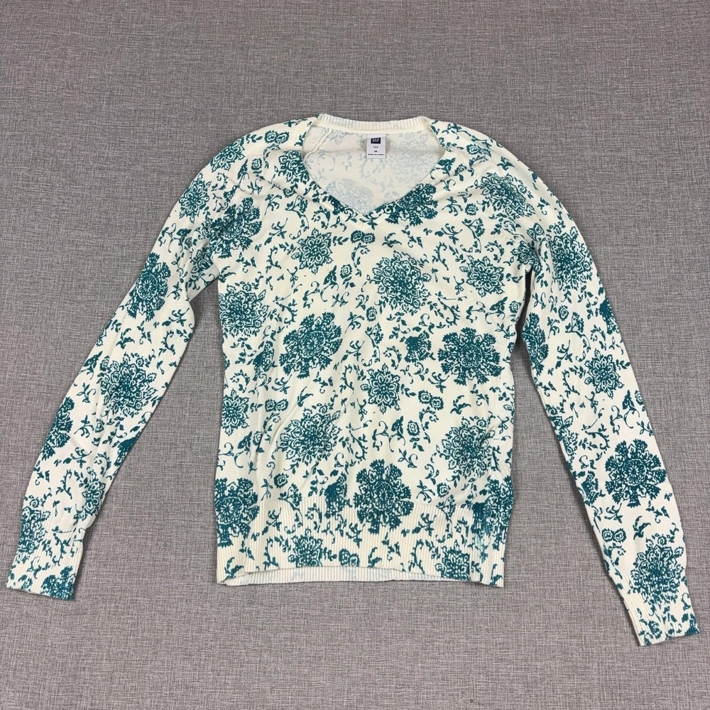 Gap Sweater Womens M White Floral V Neck Long Sleeve‎ Knit Pullover Stretch